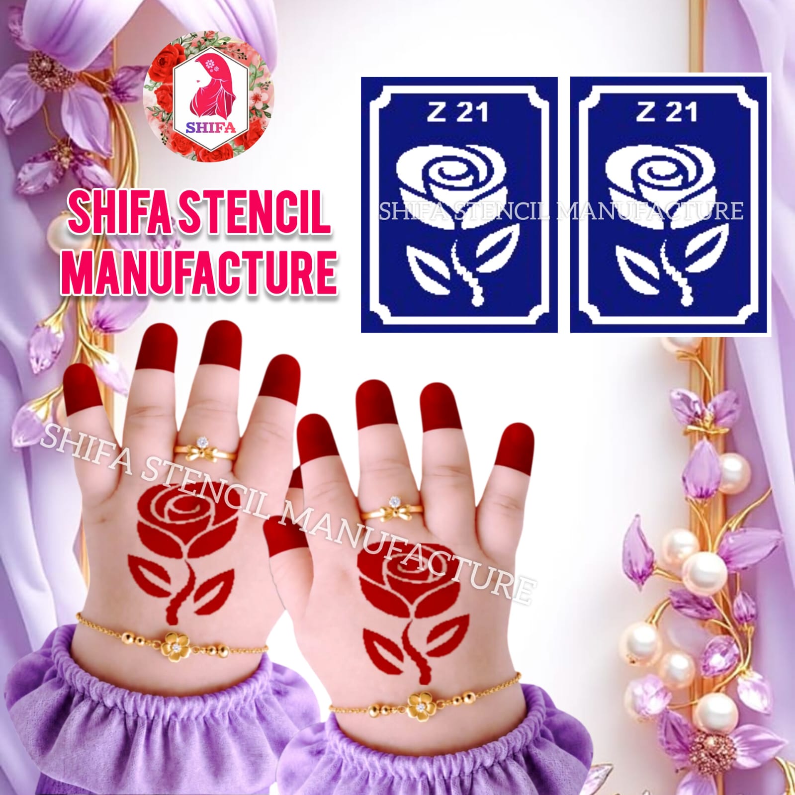 Z 21 Elegant Long-Stem Rose Sticker overview Henna Stencil - Shifa Stencil